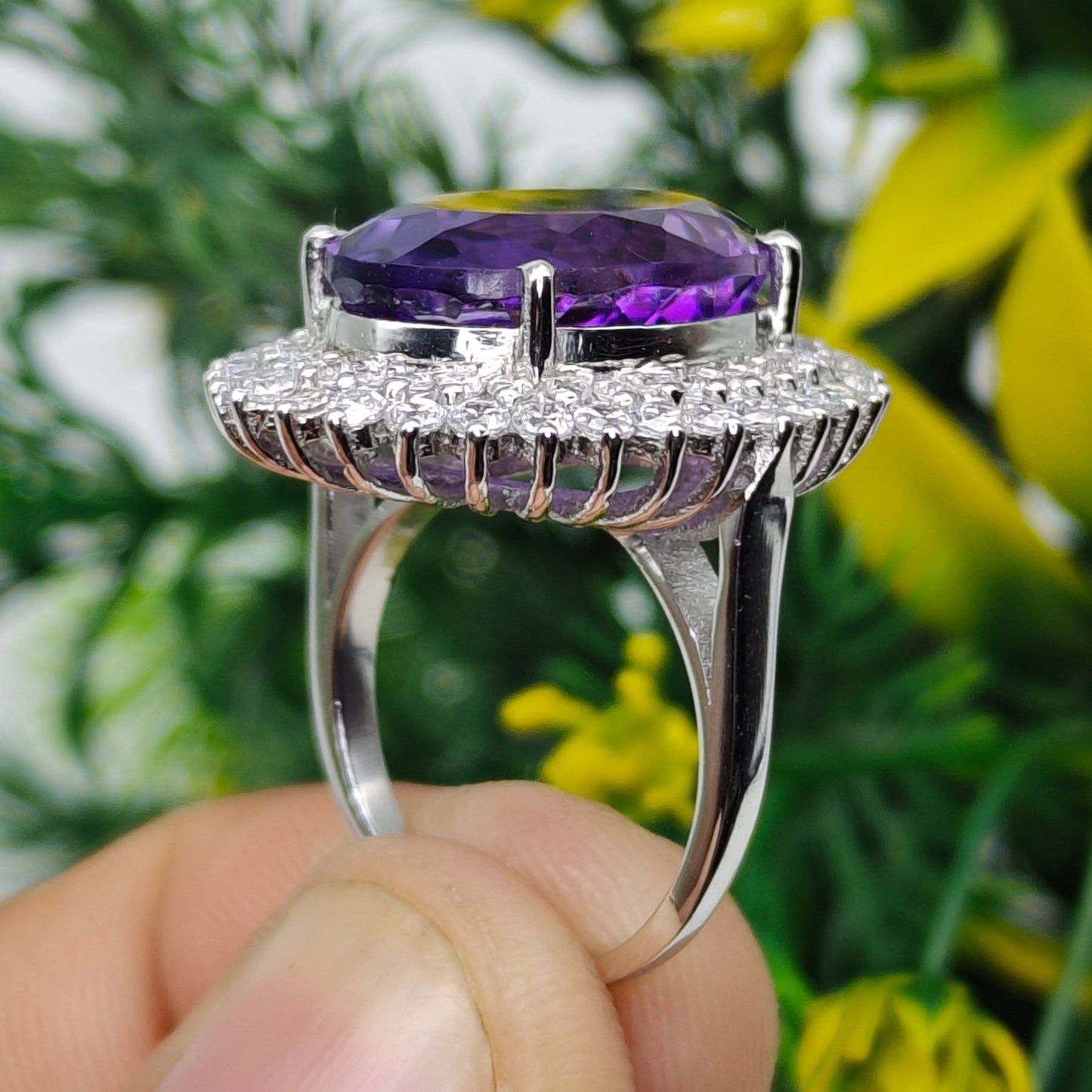 Natural Amethyst Ring for Women – 925 Sterling Silver Oval Cut Gemstone Statement Ring