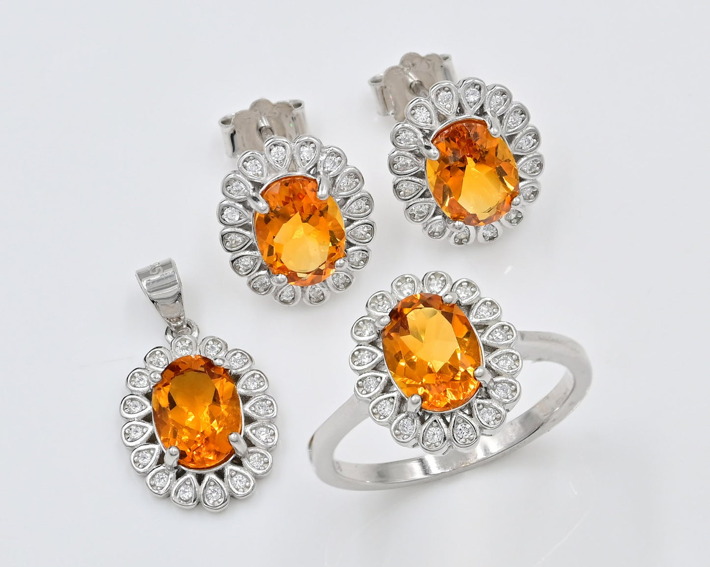 Natural Citrine Jewelry Set – Oval 9x7mm Gemstones in Halo Design | Ring, Pendant, Earrings | Sterling Silver Set