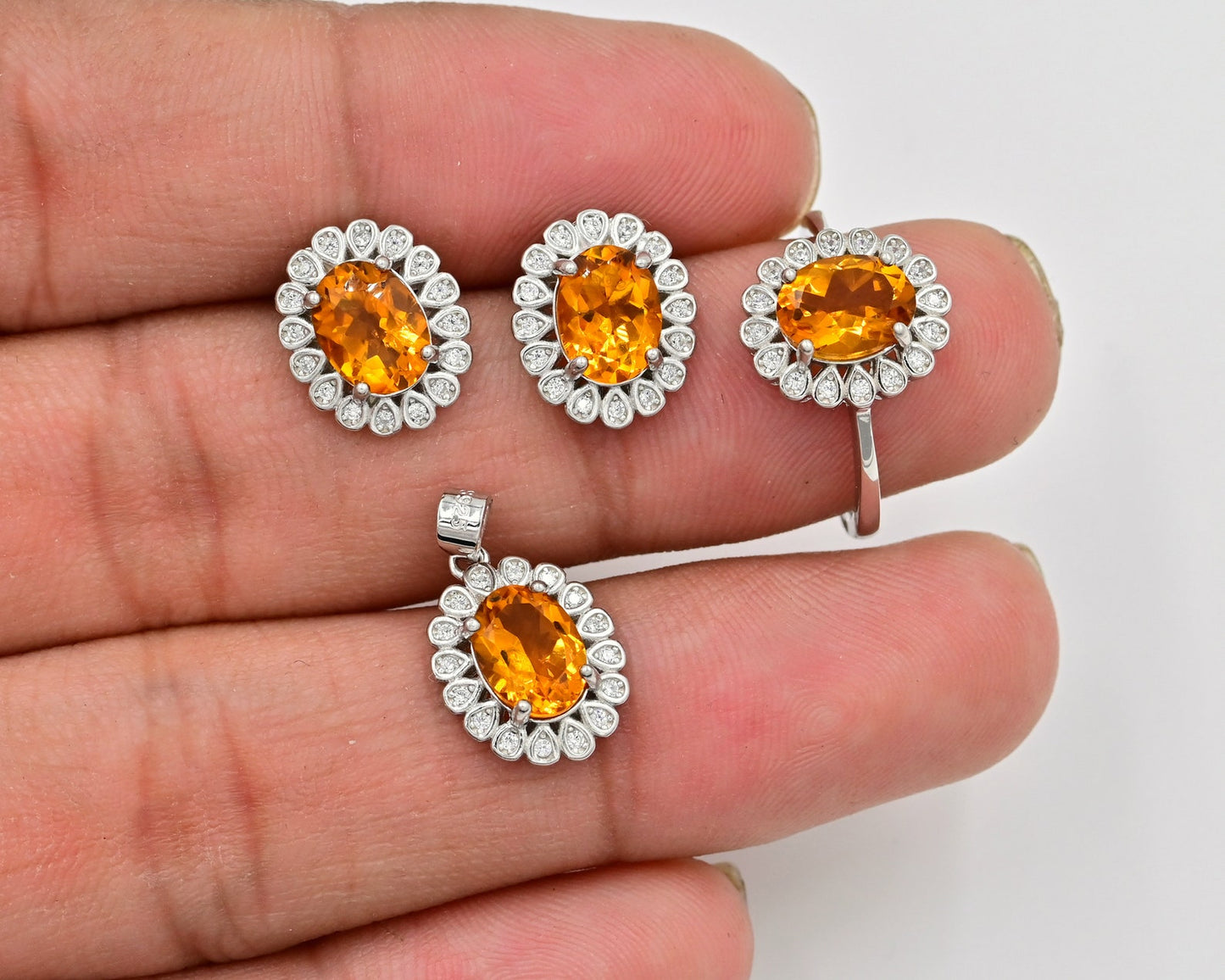 Natural Citrine Jewelry Set – Oval 9x7mm Gemstones in Halo Design | Ring, Pendant, Earrings | Sterling Silver Set