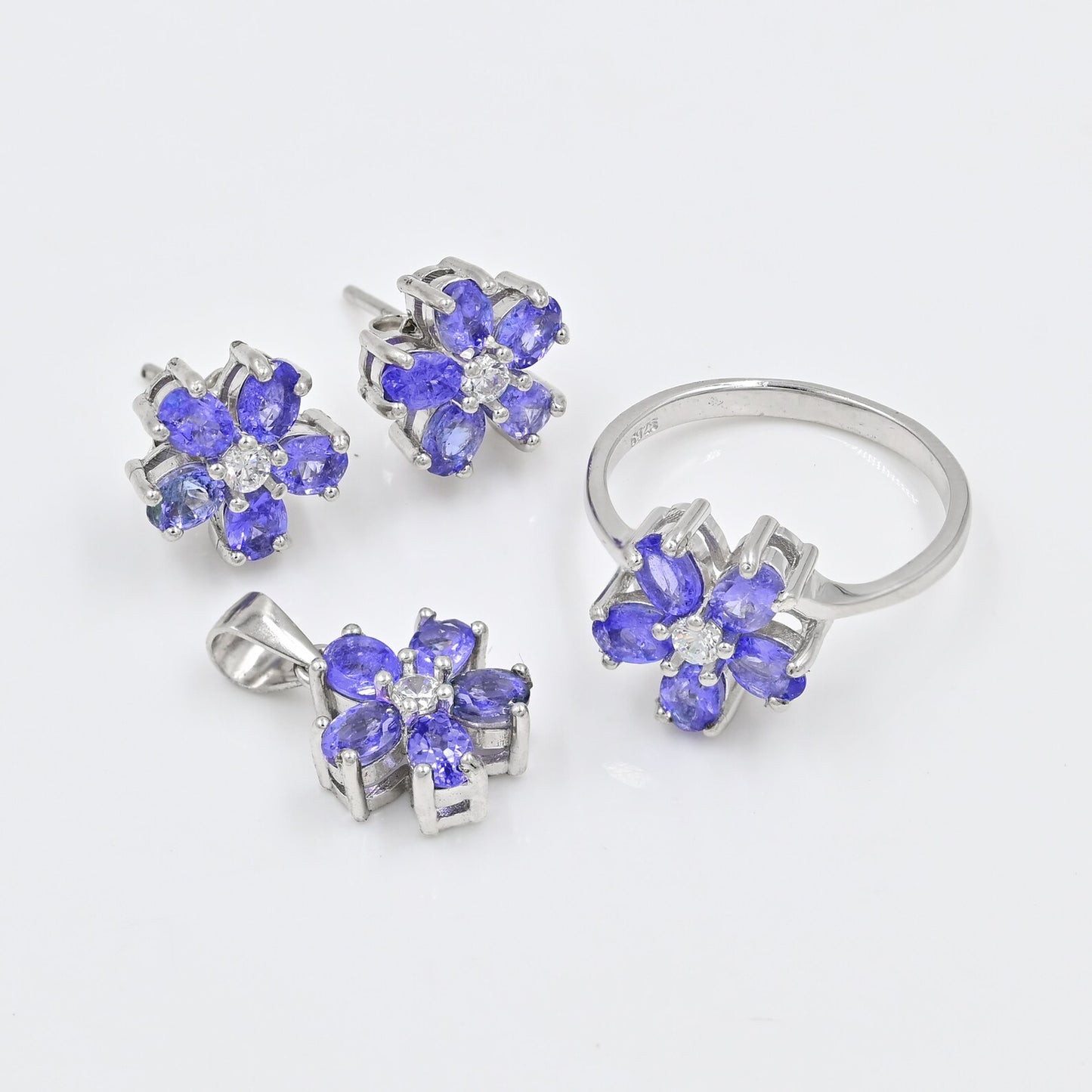 Natural Tanzanite Floral Jewelry Set | 3x4 mm Stones | 925 Sterling Silver