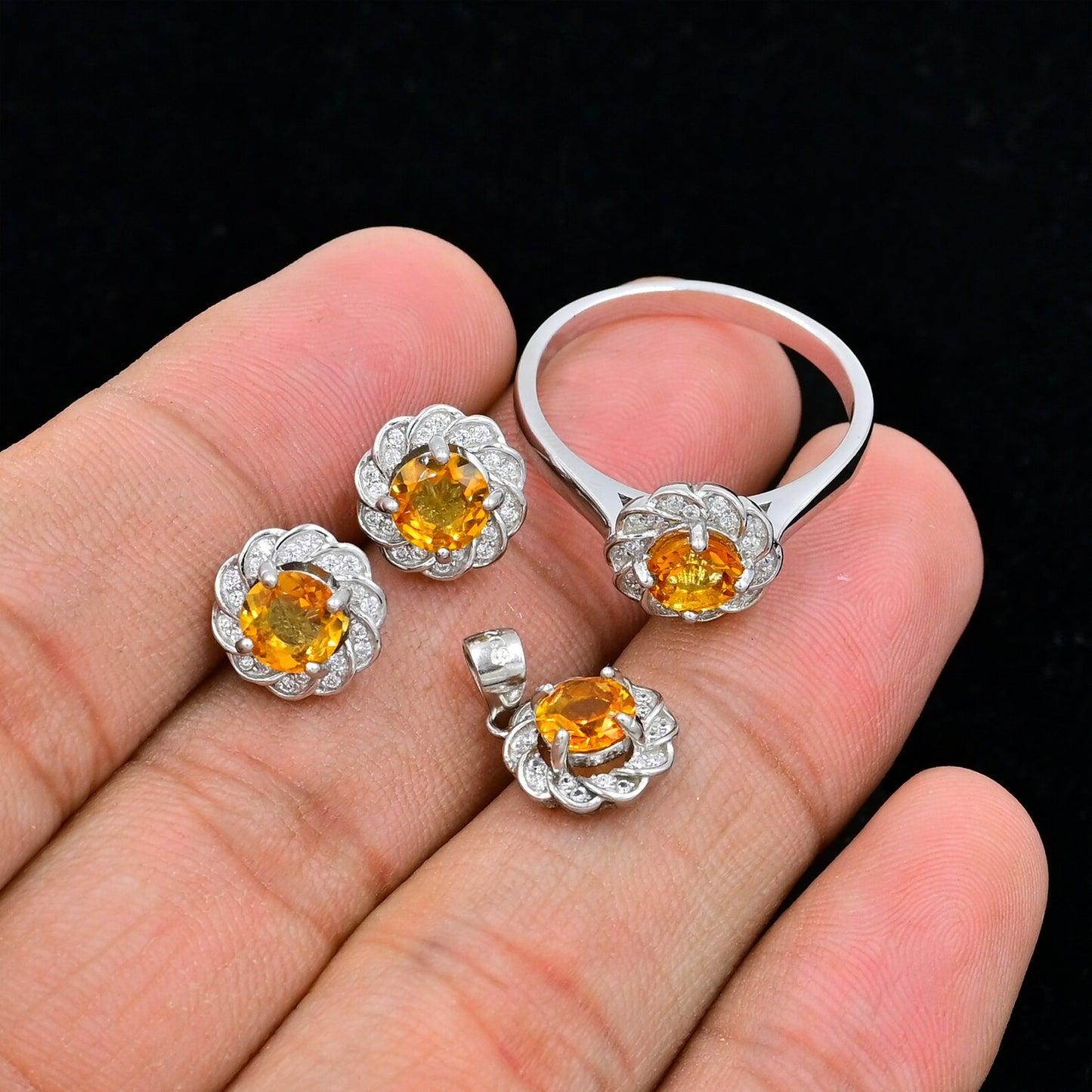 Natural Citrine Stone Jewelry Set – 7mm | 92.5 Sterling Silver