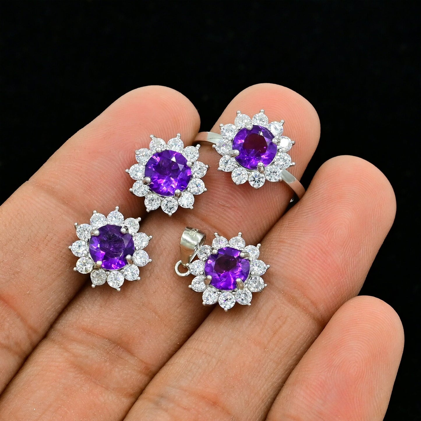Natural Amethyst Jewelry Set | Deep Purple Amethyst Ring, Earrings & Pendant in 925 Sterling Silver | February Birthstone Gift