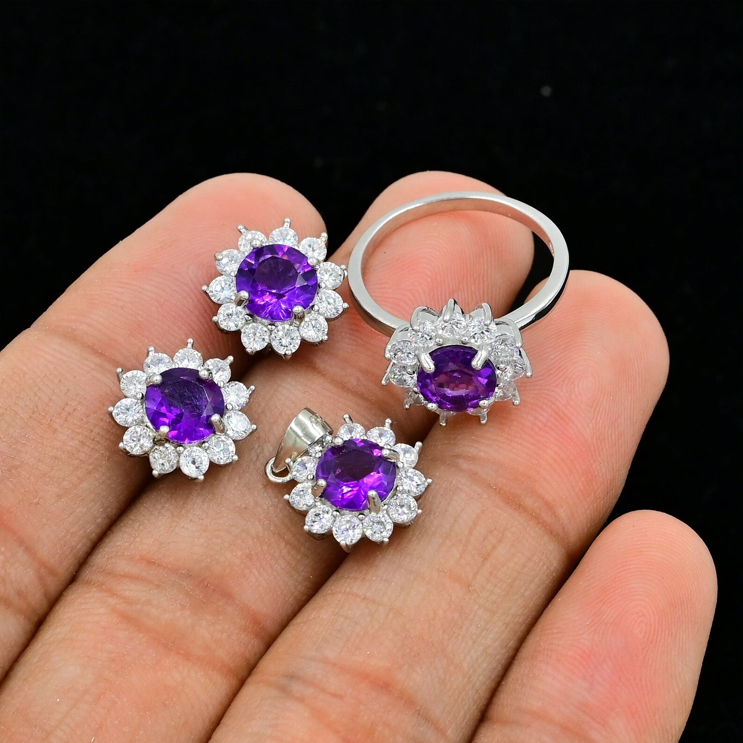 Natural Amethyst Jewelry Set | Deep Purple Amethyst Ring, Earrings & Pendant in 925 Sterling Silver | February Birthstone Gift