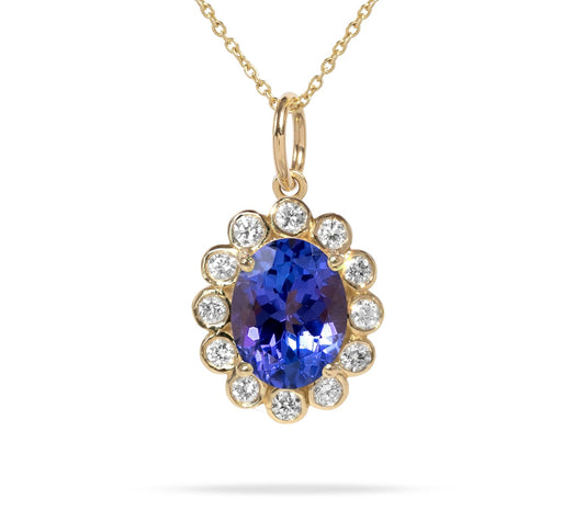 Elegant 18K Gold And Tanzanite Pendant with Natural Diamonds.