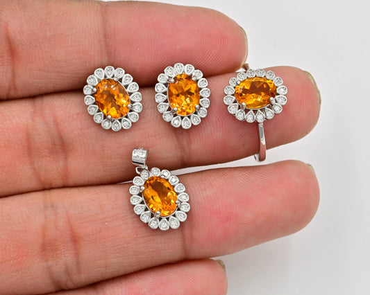 Natural Citrine Jewelry Set – Oval 9x7mm Gemstones in Halo Design | Ring, Pendant, Earrings | Sterling Silver Set