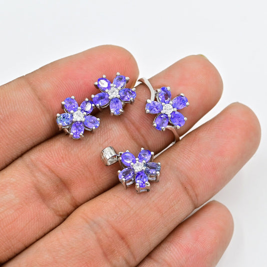 Natural Tanzanite Floral Jewelry Set | 3x4 mm Stones | 925 Sterling Silver