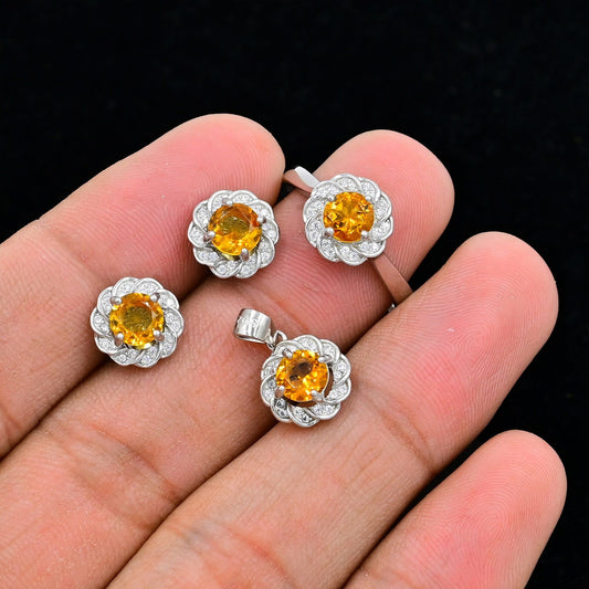 Natural Citrine Stone Jewelry Set – 7mm | 92.5 Sterling Silver