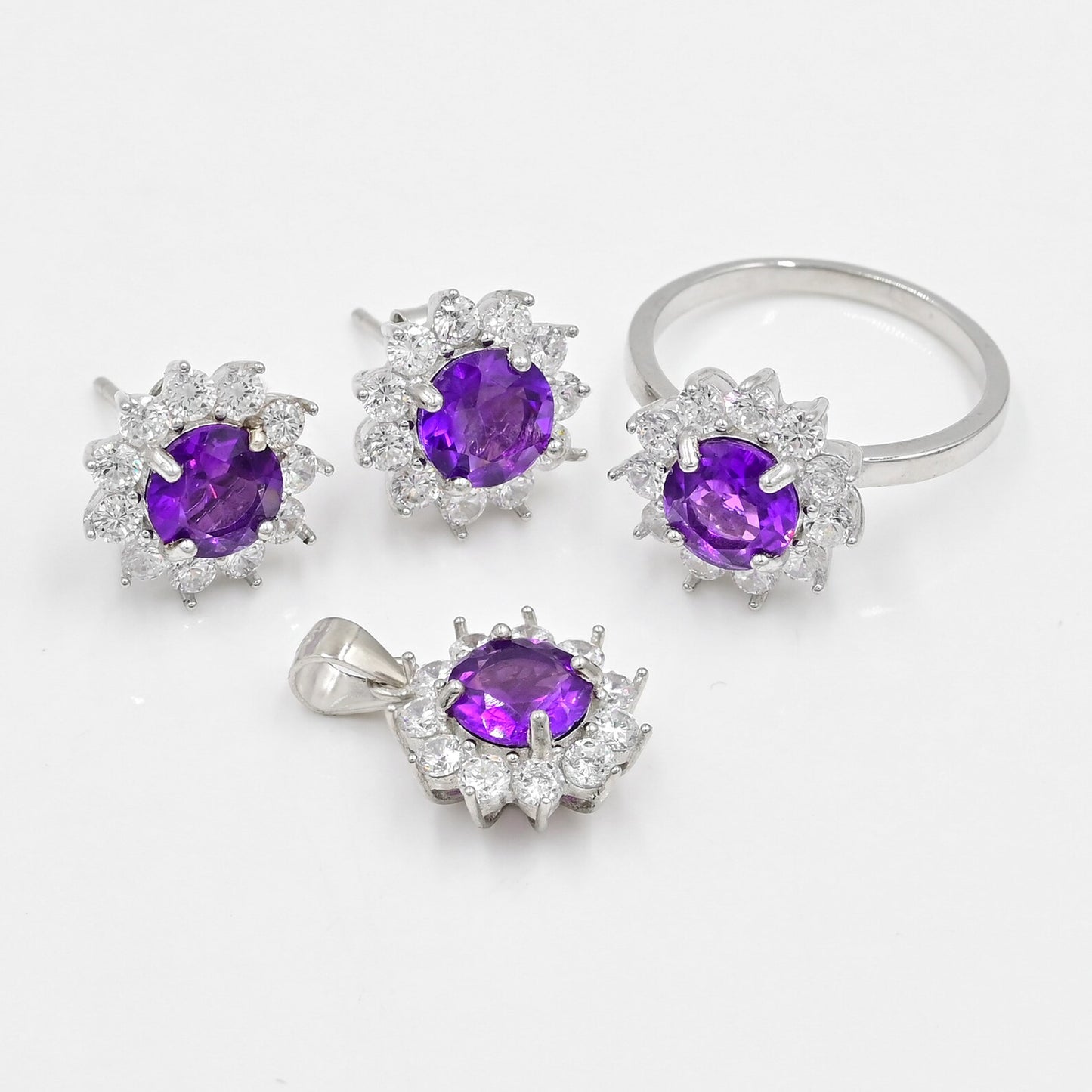 Natural Amethyst Jewelry Set | Deep Purple Amethyst Ring, Earrings & Pendant in 925 Sterling Silver | February Birthstone Gift