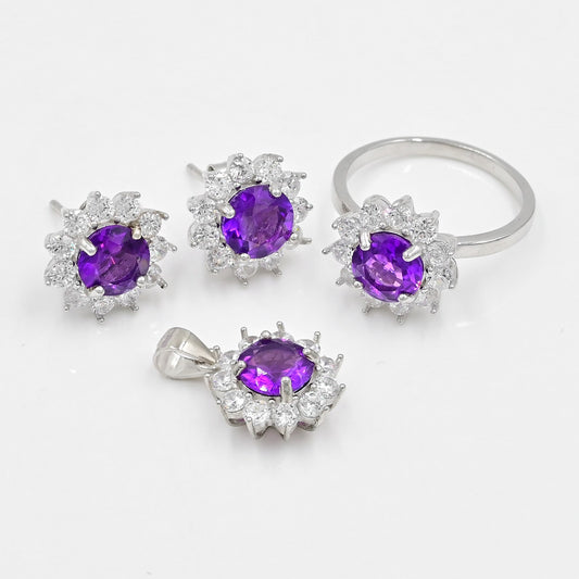 Natural Amethyst Jewelry Set | Deep Purple Amethyst Ring, Earrings & Pendant in 925 Sterling Silver | February Birthstone Gift