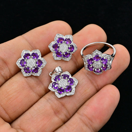 Natural Amethyst Flower Jewelry Set in 925 Sterling Silver | Purple Gemstone Ring, Pendant & Earrings Set | February Birthstone Gift