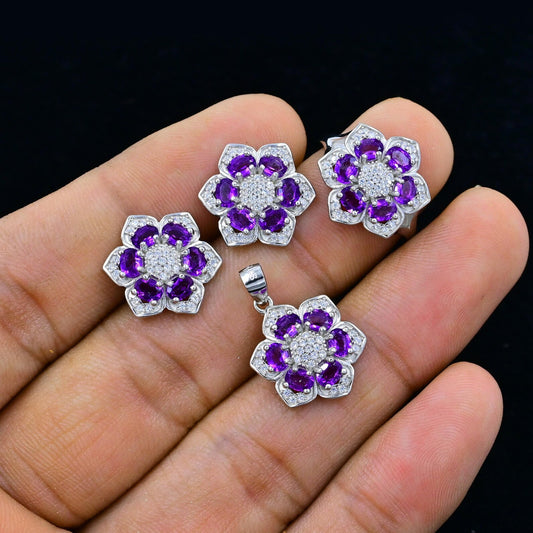 Natural Amethyst Flower Jewelry Set in 925 Sterling Silver | Purple Gemstone Ring, Pendant & Earrings Set | February Birthstone Gift