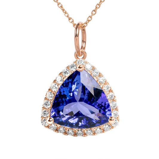 18k Gold Pendant With Natural Tanzanite Trillion Faceted With Natural Diamonds.