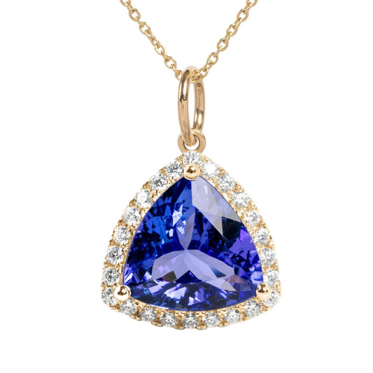 18k Gold Pendant With Natural Tanzanite Trillion Faceted With Natural Diamonds.